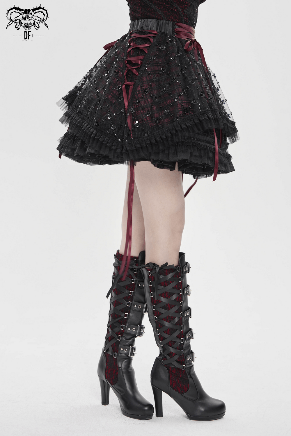 Gothic Plaid Tulle Layered Skirt with Ribbon Luffles featuring wine red lacing and layered tulle details.