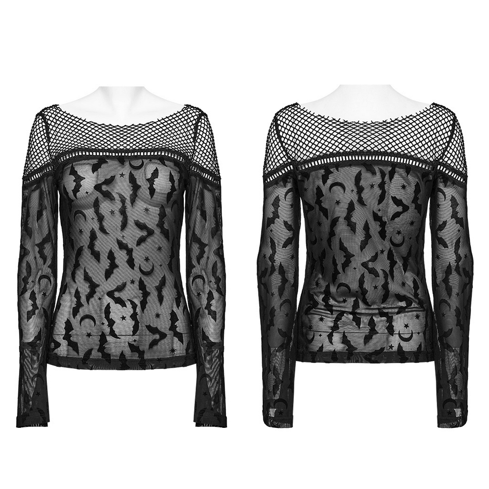 Gothic printed sheer mesh long sleeve top with bat designs and stylish mesh shoulders for an edgy look.