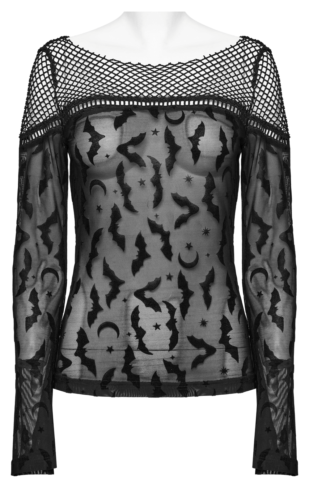 Gothic bat-flocked sheer mesh long sleeve top with bat and star prints, perfect for grunge fashion enthusiasts.