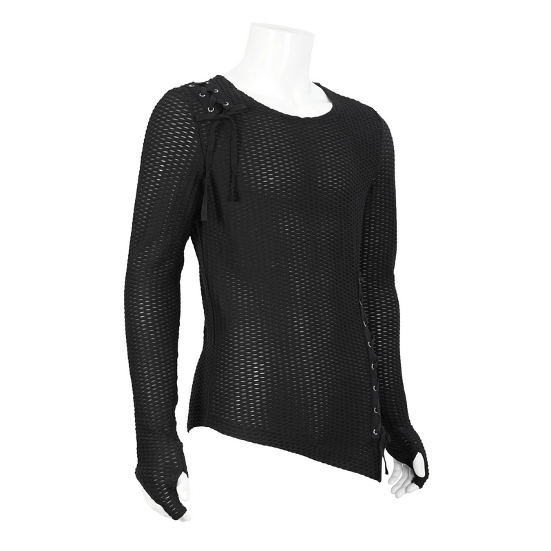 Gothic Punk Asymmetric Sweatshirt with Lace Up / Male Mesh Long Sleeve Black Top - HARD'N'HEAVY