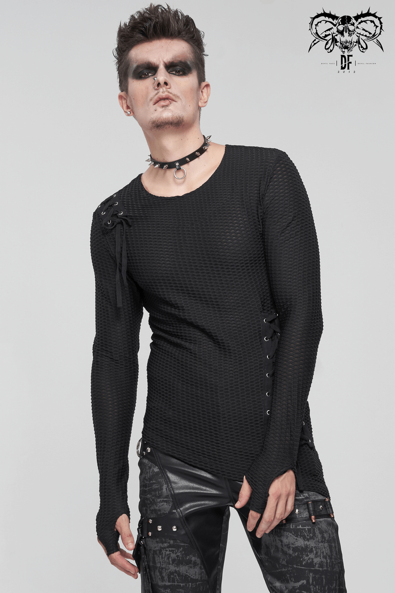 Gothic Punk Asymmetric Sweatshirt with Lace Up / Male Mesh Long Sleeve Black Top - HARD'N'HEAVY