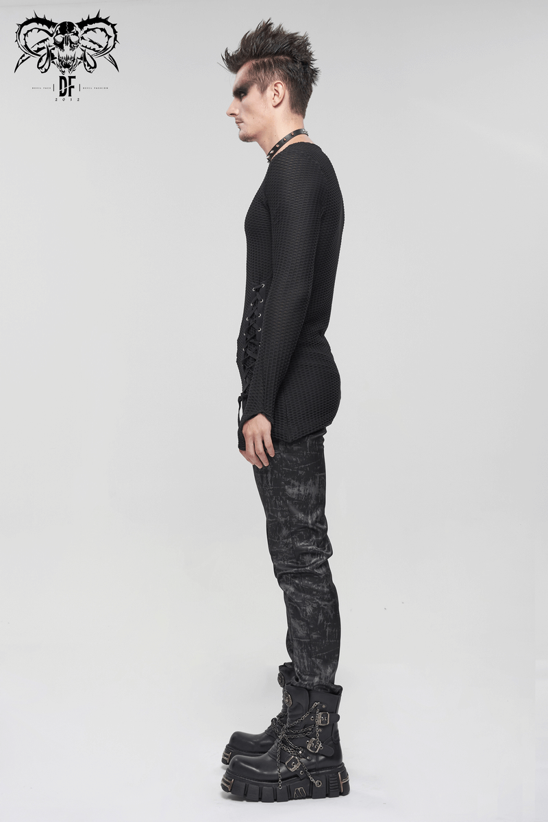 Gothic Punk Asymmetric Sweatshirt with Lace Up / Male Mesh Long Sleeve Black Top - HARD'N'HEAVY