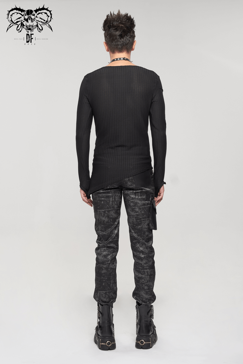 Gothic Punk Asymmetric Sweatshirt with Lace Up / Male Mesh Long Sleeve Black Top - HARD'N'HEAVY