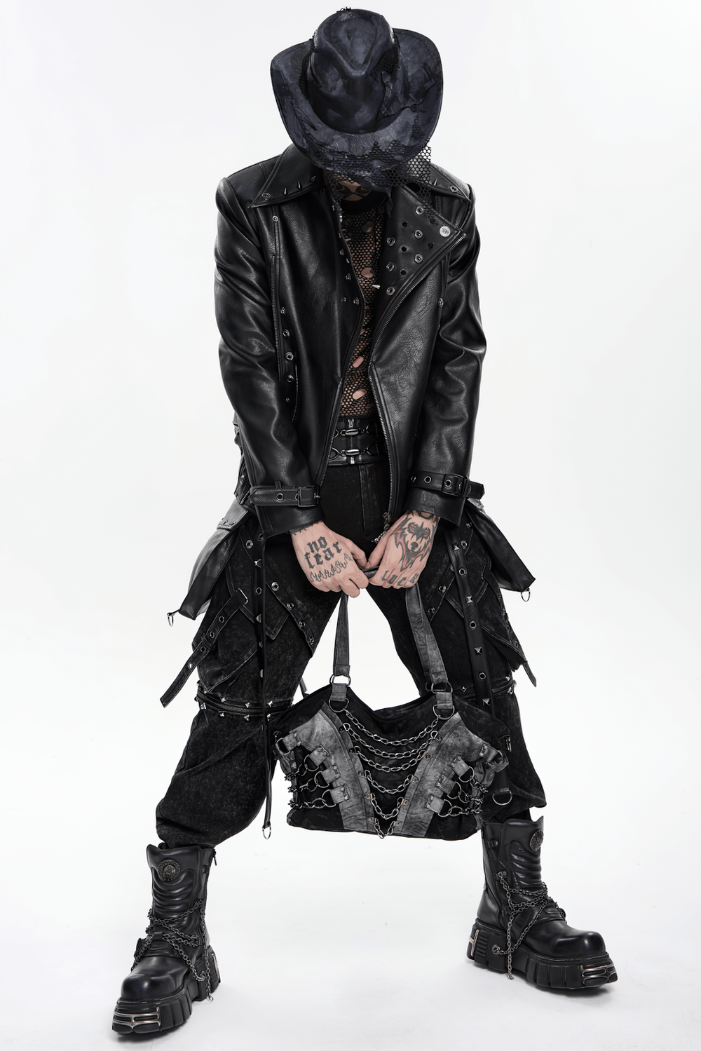 Gothic Punk Chain Shoulder Bag with Buckle Straps showcased in a stylish gothic outfit.