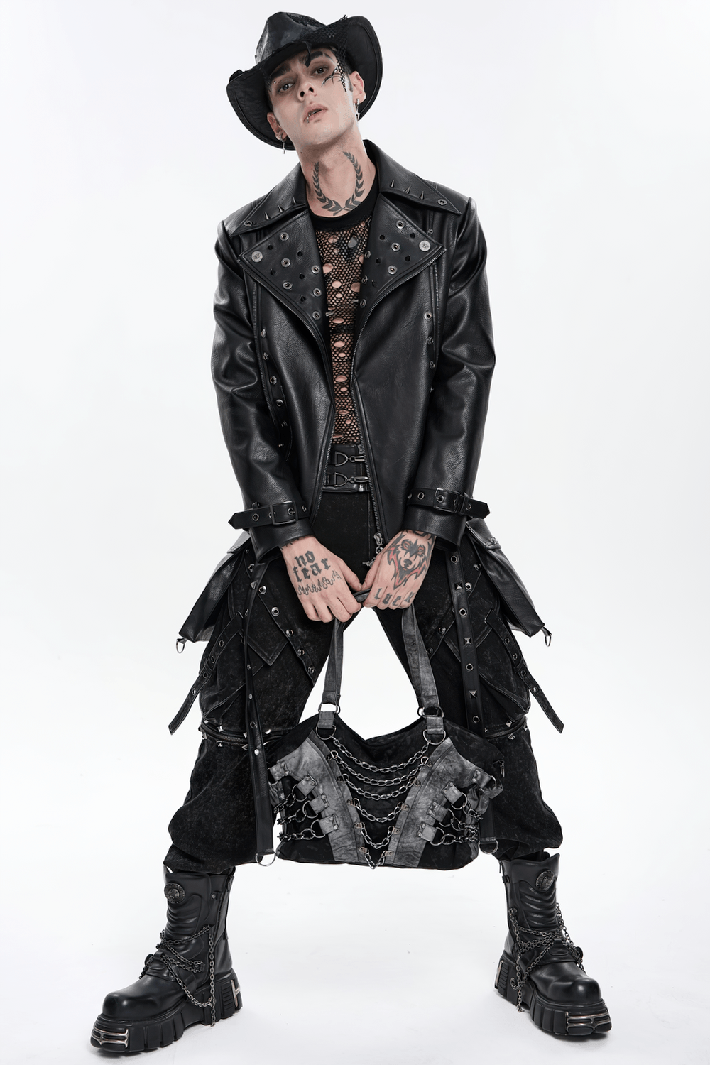 Gothic Punk Chain Shoulder Bag with Buckle Straps showcased in a dark, industrial outfit with layered chains and a bold vibe.