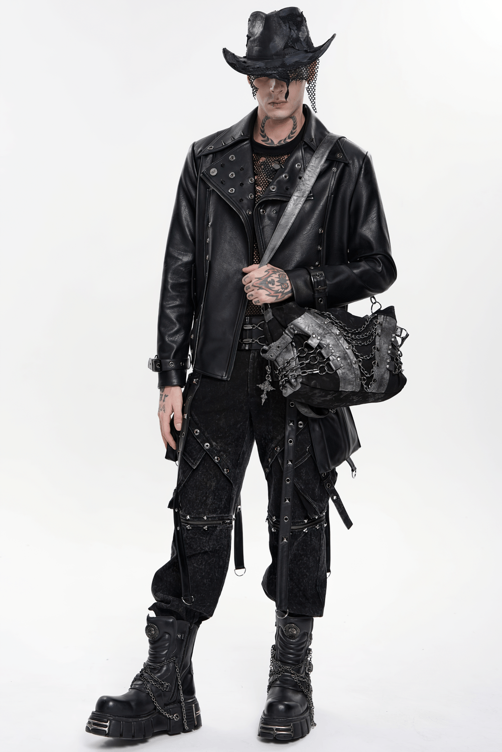 Gothic Punk Chain Shoulder Bag with Buckle Straps worn by a model in edgy black outfit, showcasing bold goth accessories.