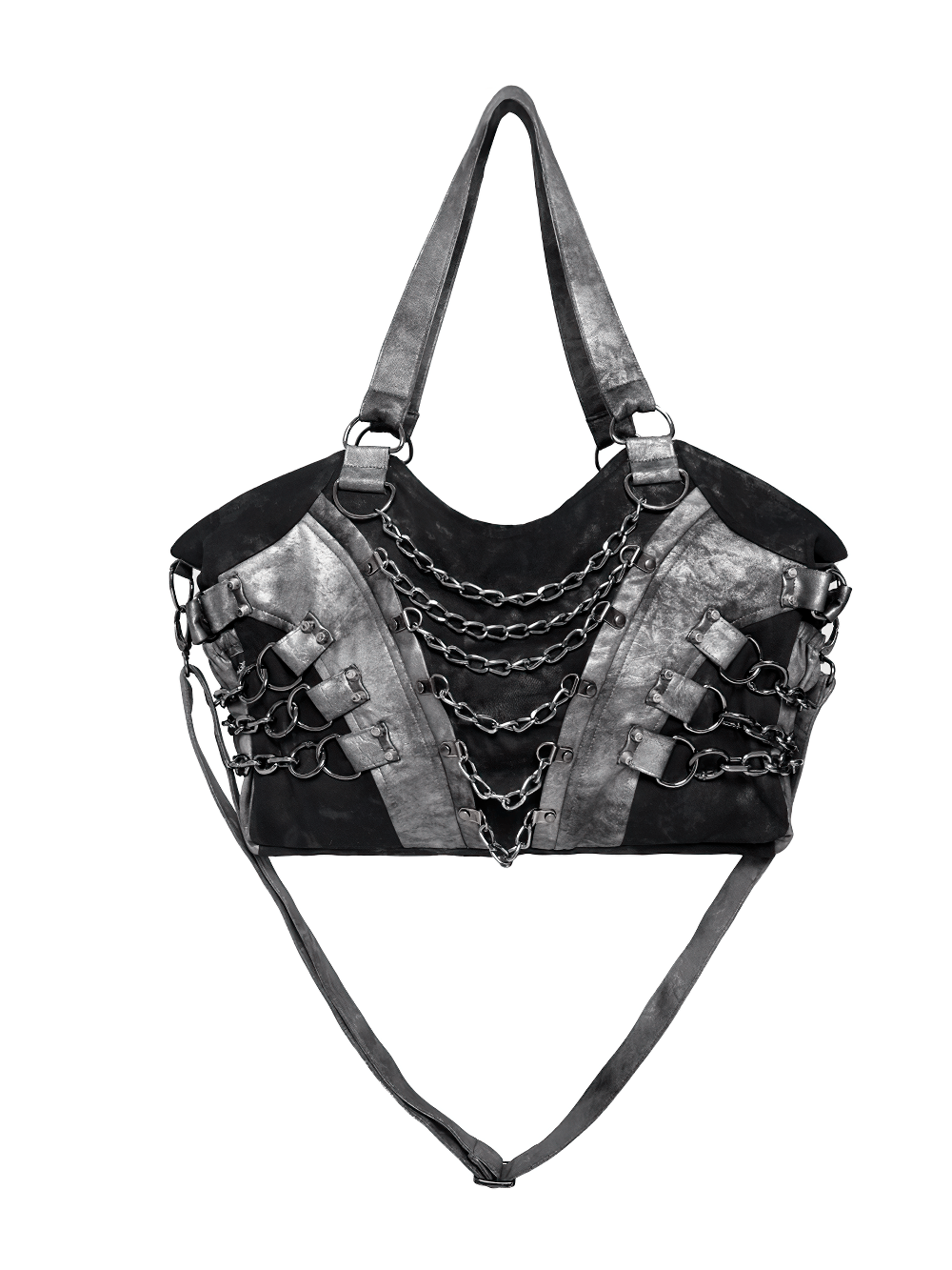 Gothic Punk Chain Shoulder Bag with Buckle Straps featuring layered chains and a structured design.