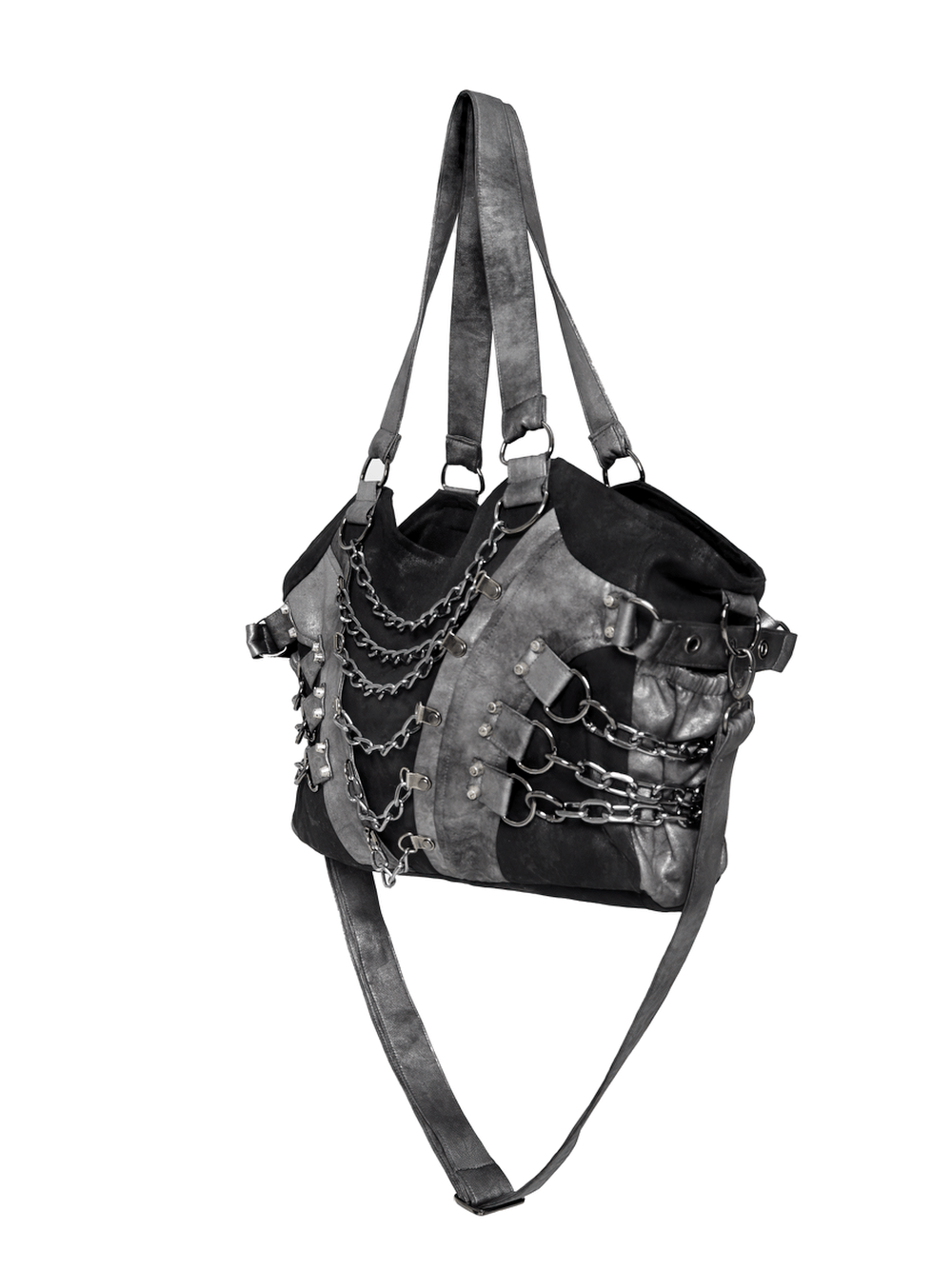Gothic Punk Chain Shoulder Bag with Buckle Straps featuring layered metal chains and an industrial harness design.