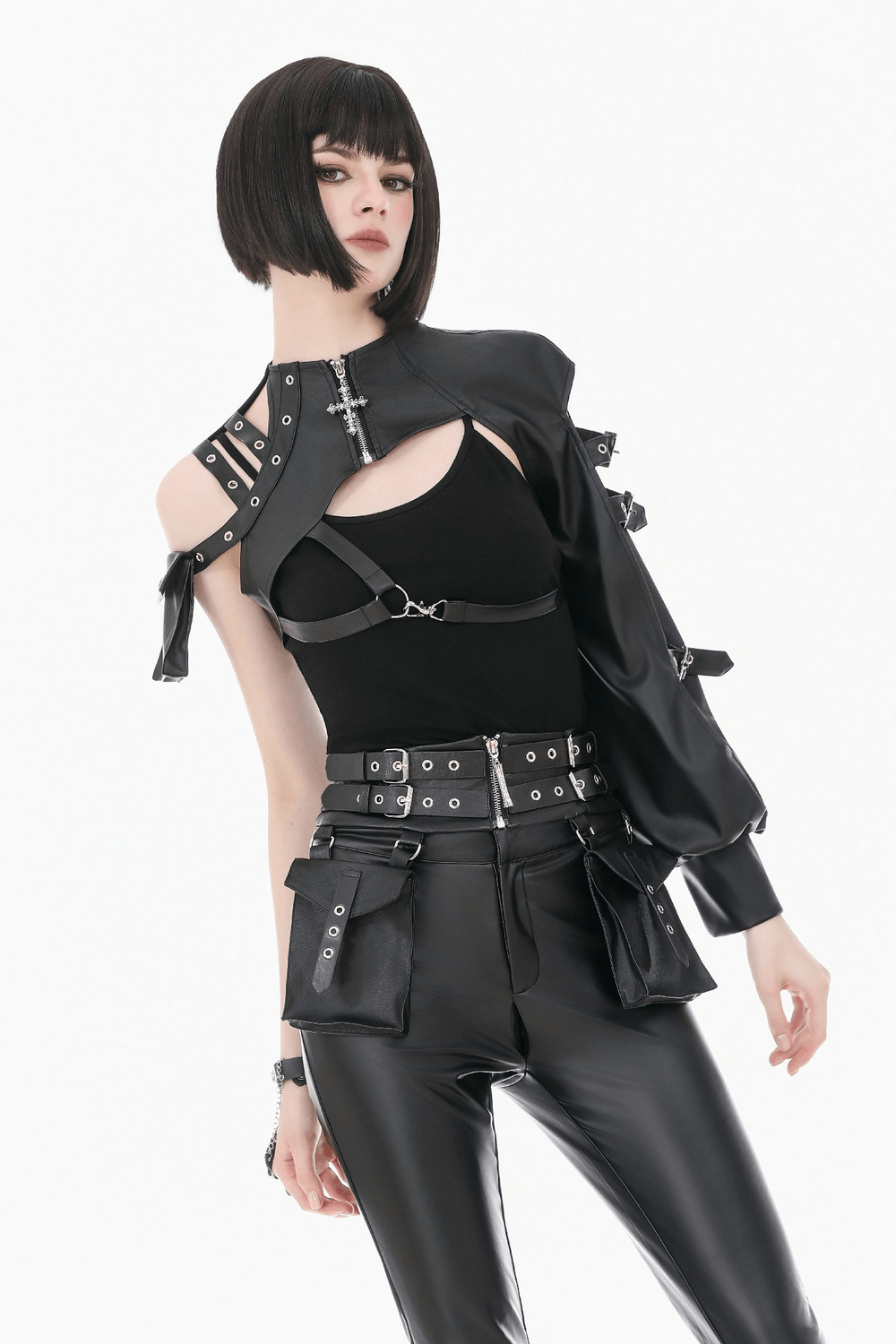 Gothic Punk Utility Waist Belt with Double Cargo Pouches worn by a model in edgy black outfit.