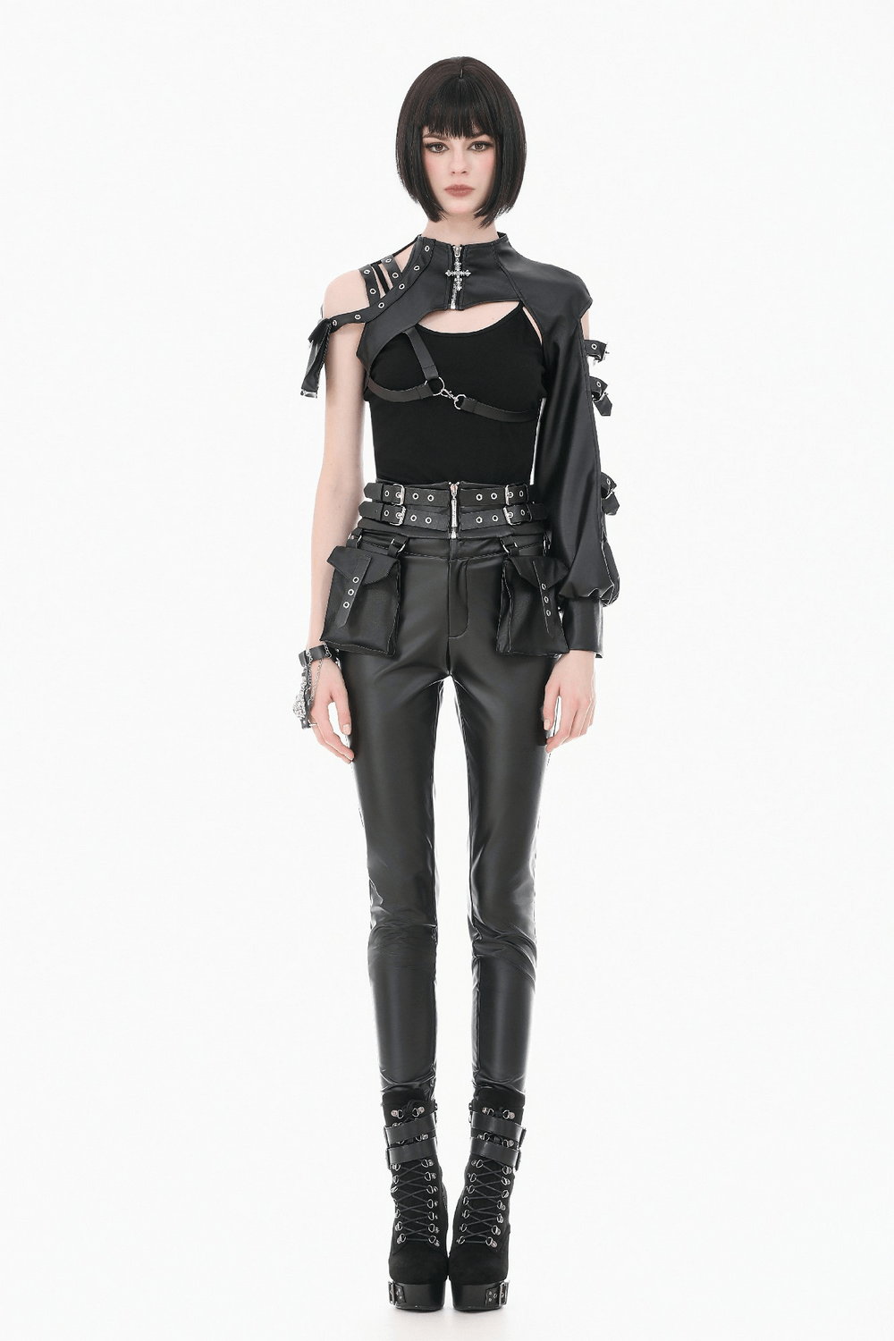 Gothic Punk Utility Waist Belt with Double Cargo Pouches worn by a model in stylish black attire.
