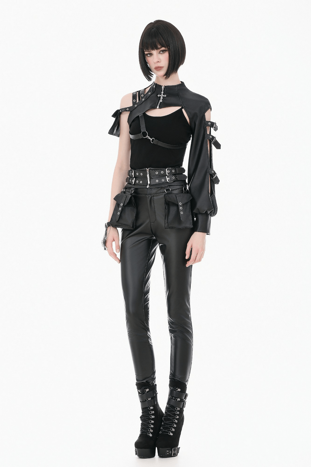 Gothic Punk Utility Waist Belt with Double Cargo Pouches worn by a model in a stylish outfit.