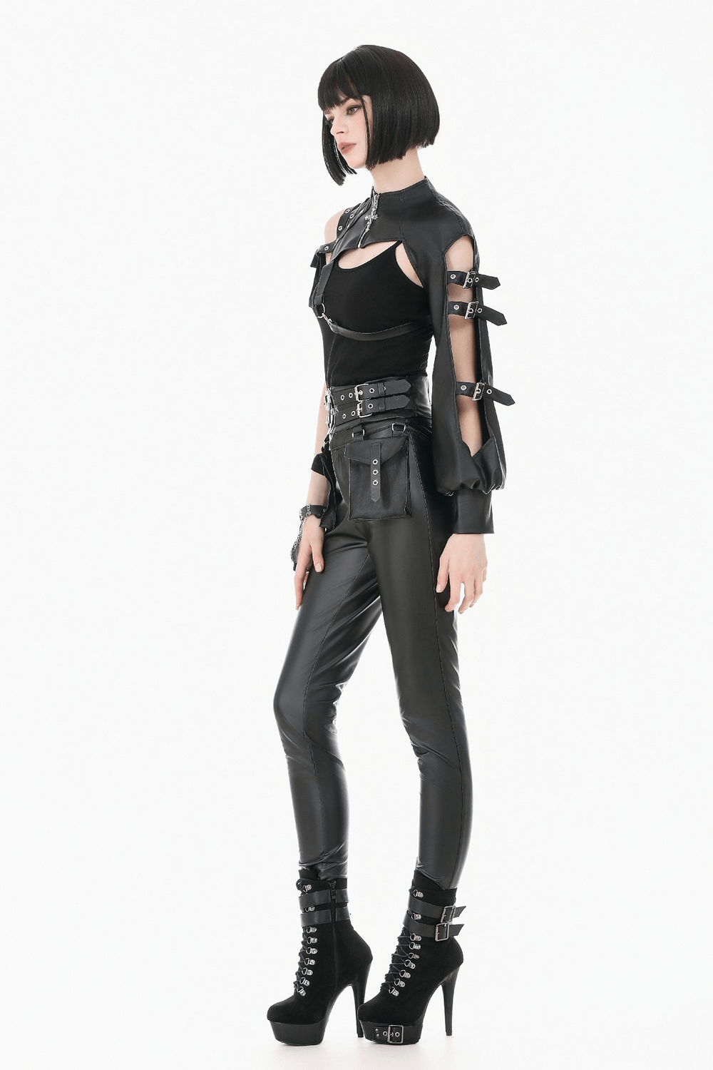 Gothic Punk Utility Waist Belt with Double Cargo Pouches showcased on a stylish model in edgy black attire.