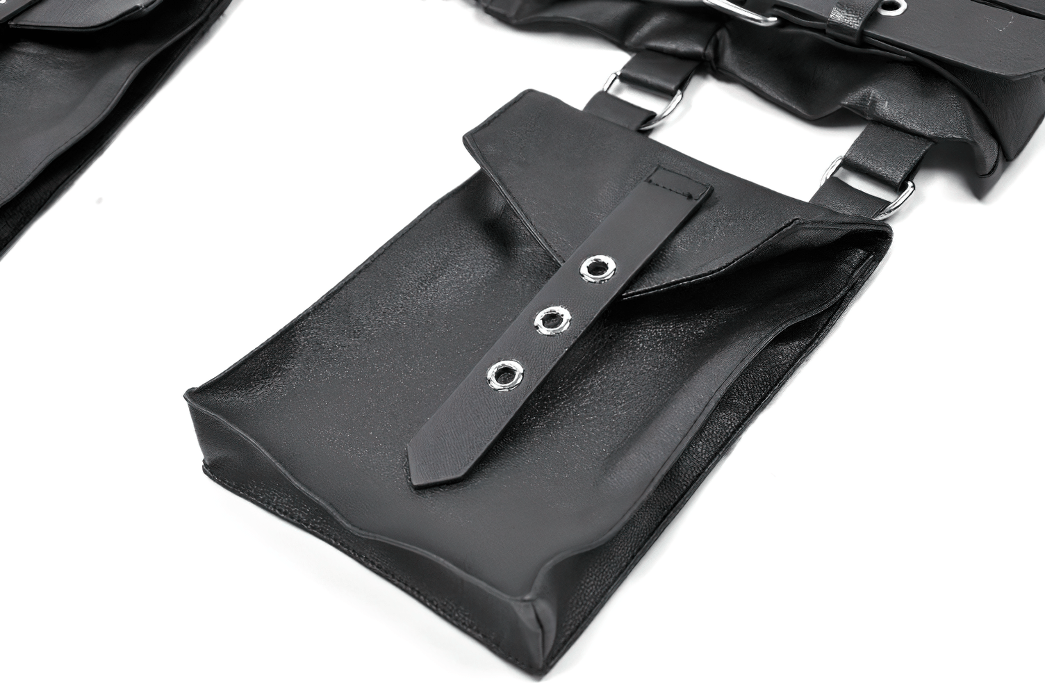 Close-up of Gothic Punk Utility Waist Belt with Double Cargo Pouches showcasing sleek black design.