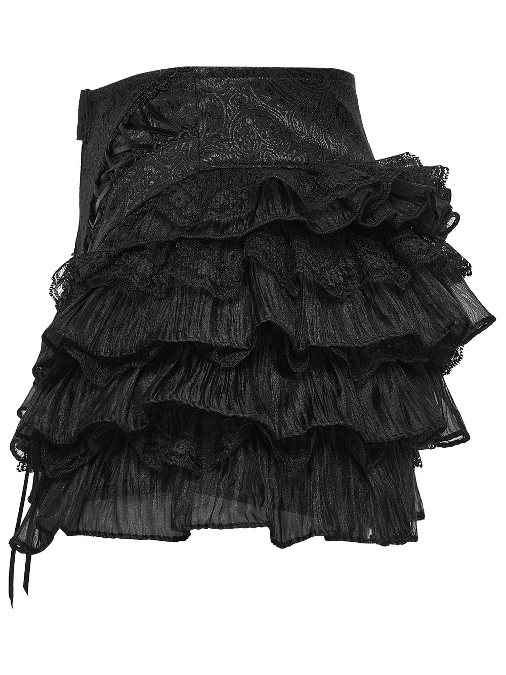 Gothic Ruffle Lace Cake Shorts with Diagonal Drawstrings showcasing dramatic ruffles and a stylish lace design.