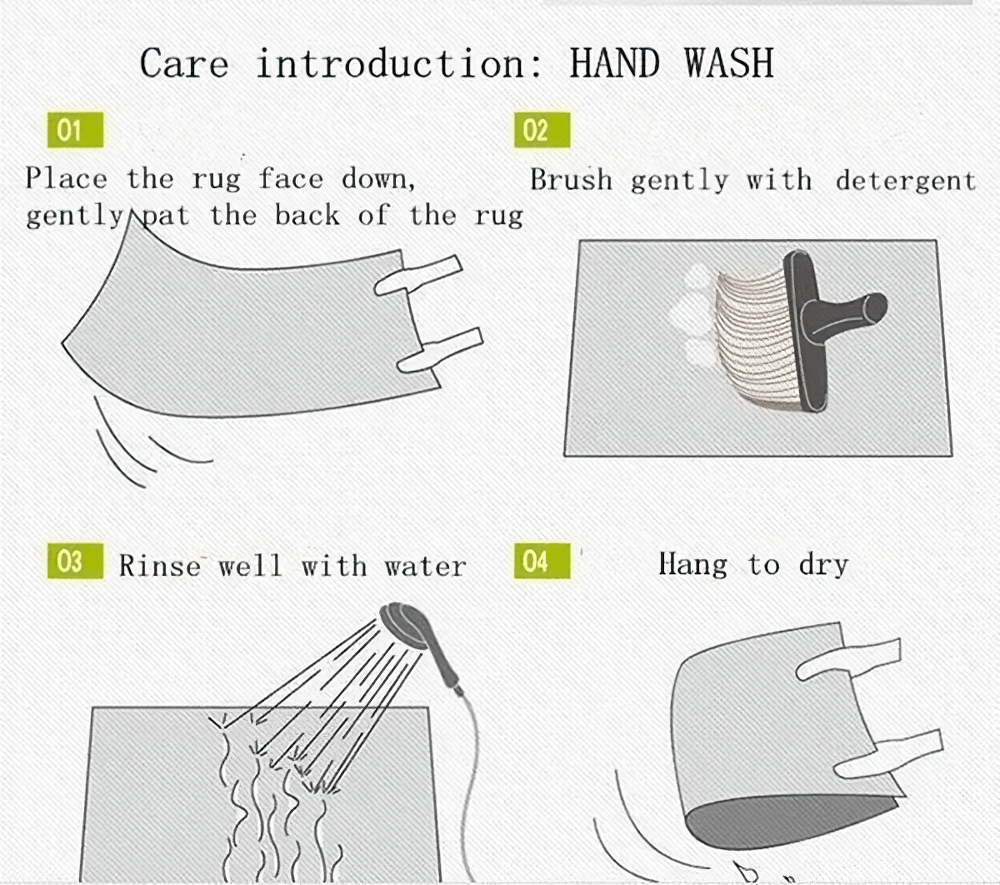 Care instructions for Gothic Skeleton Welcome Outdoor Door Mat for Entryways: hand wash steps for maintenance.