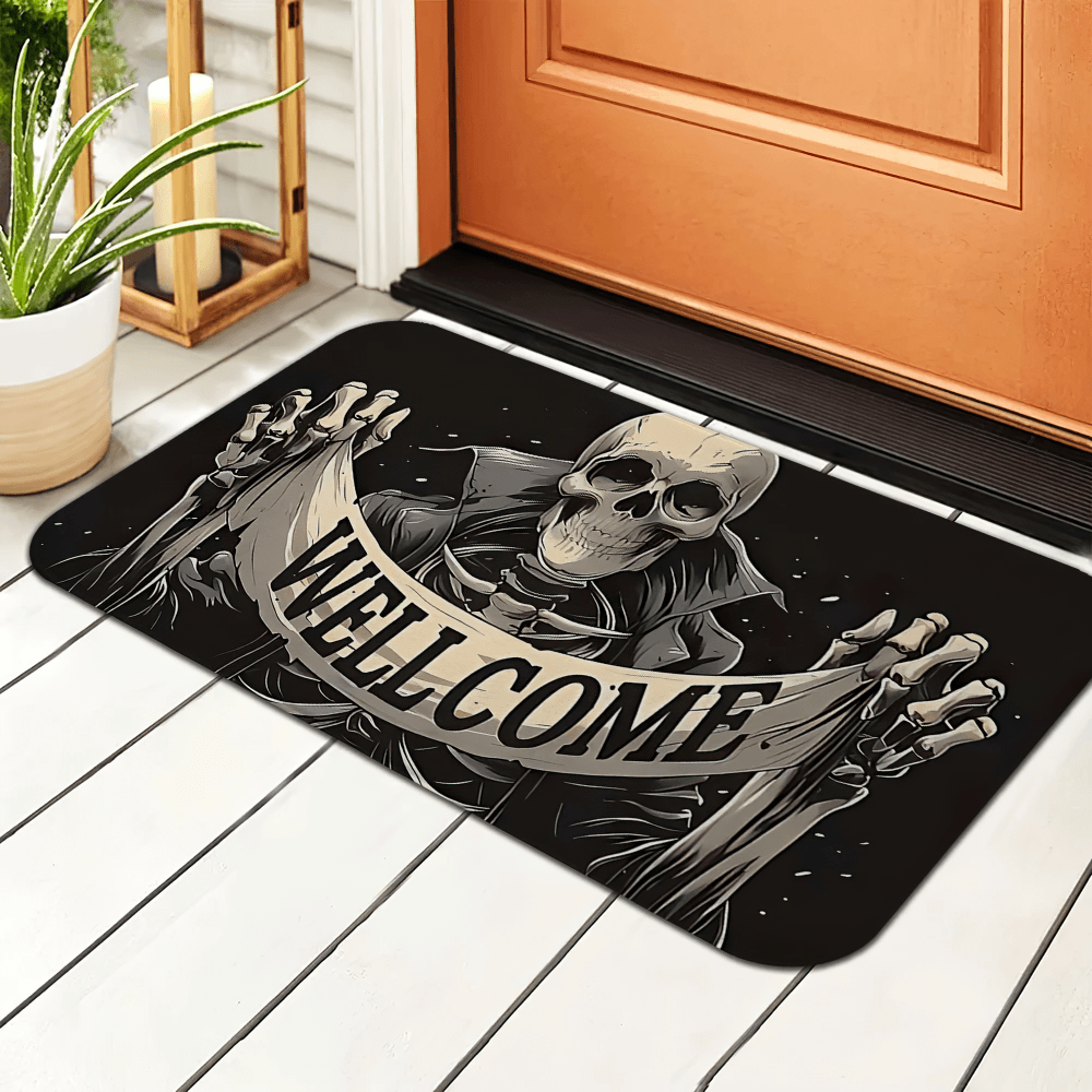 Gothic Skeleton Welcome Outdoor Door Mat for Entryways displayed at an entrance, featuring a skull graphic and Welcome banner.