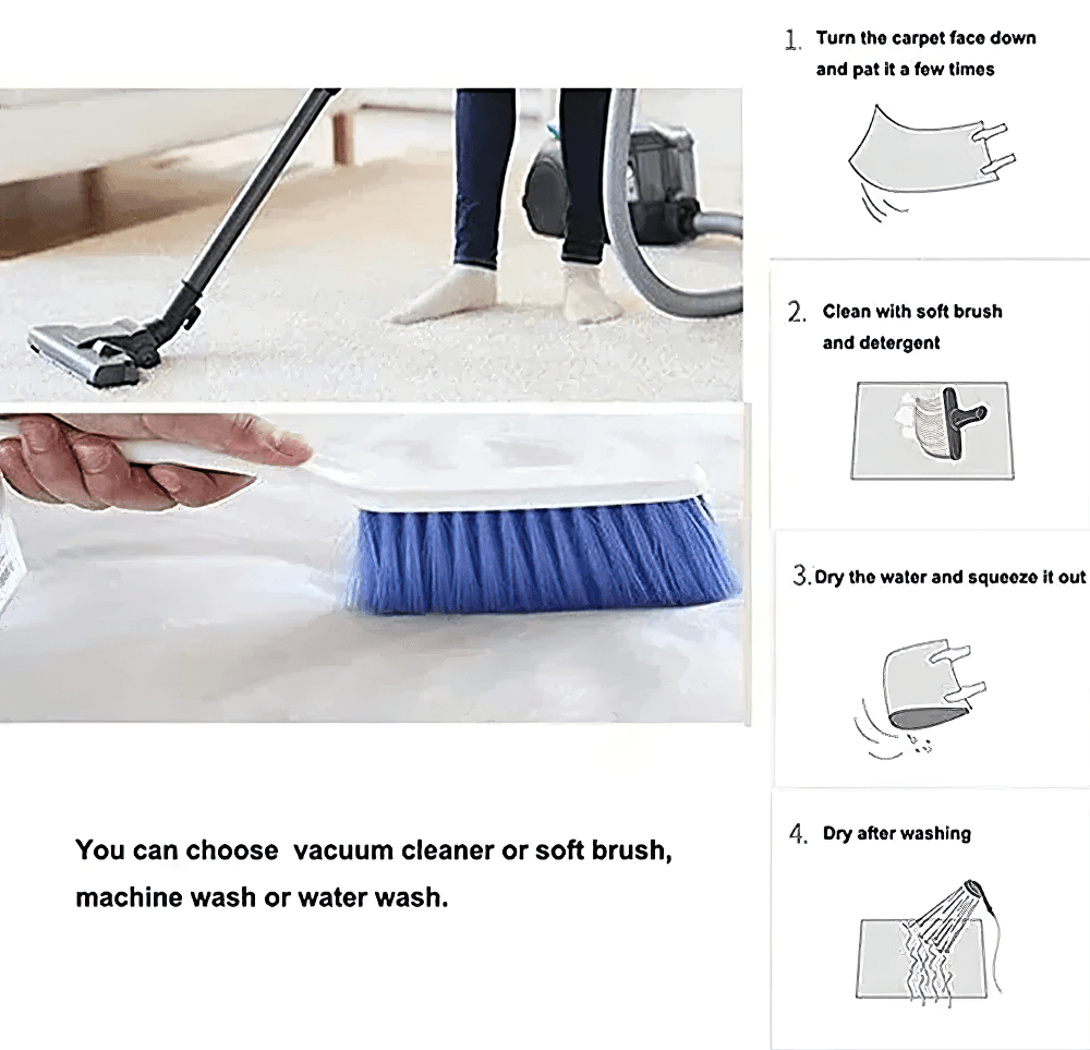 Instructions for cleaning the Gothic Skull and Moth Area Rug for Dark Interiors with vacuum and soft brush.