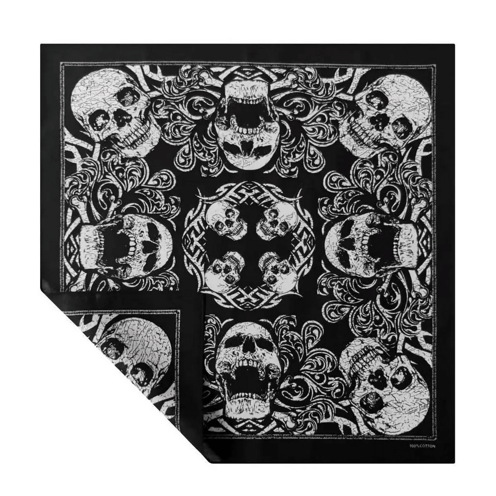 Gothic Skull Bandana with Ornate Scroll Print featuring skulls and baroque artwork in monochrome design.