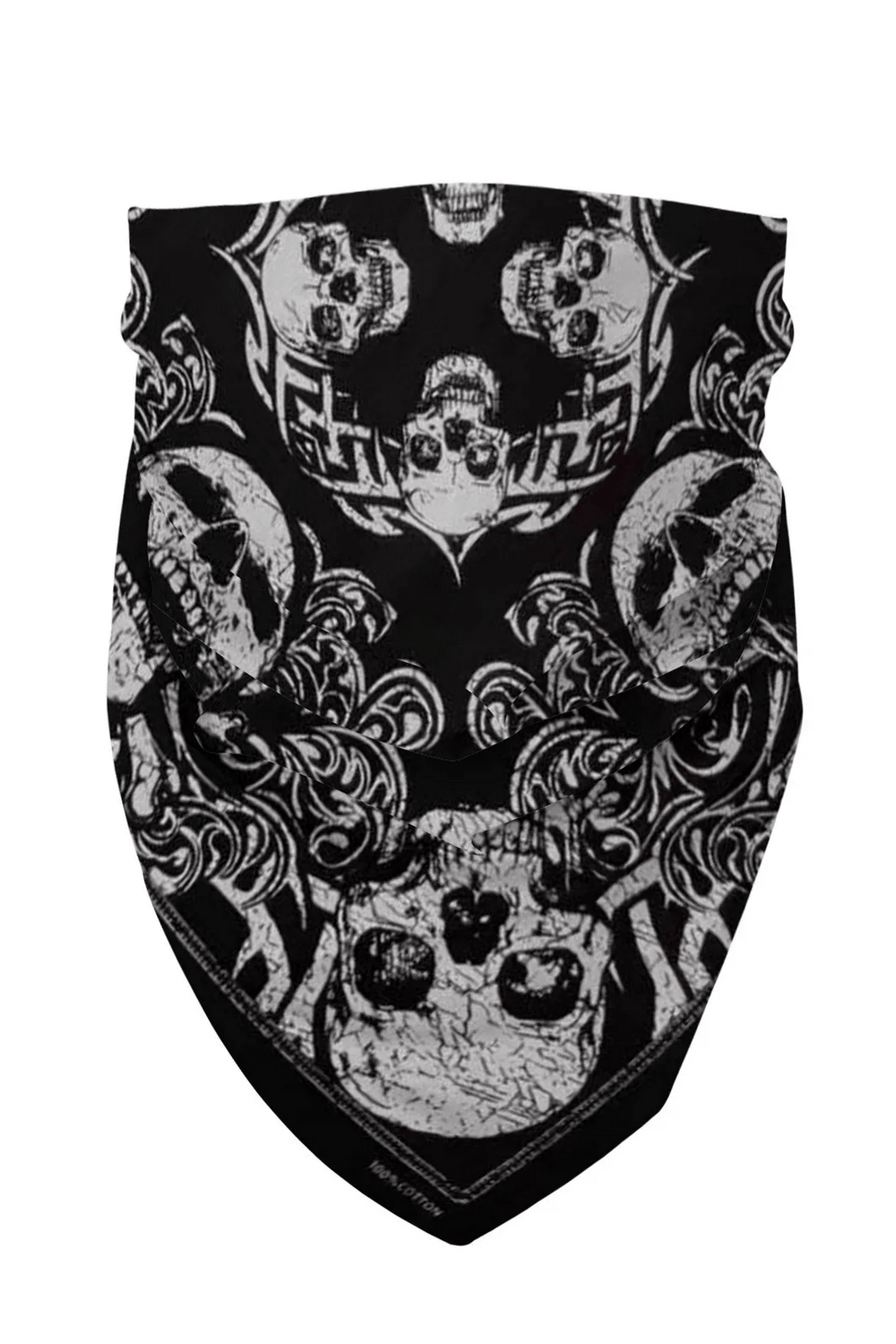 Gothic Skull Bandana with Ornate Scroll Print featuring intricate skull art and baroque designs in monochrome.