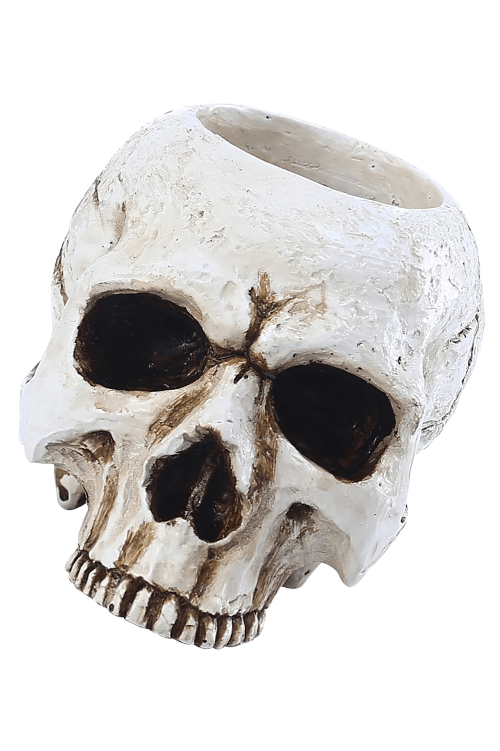 Gothic Skull Tealight Holder for Tabletop Decor, resin skull candle stand with carved bone look for spooky settings.