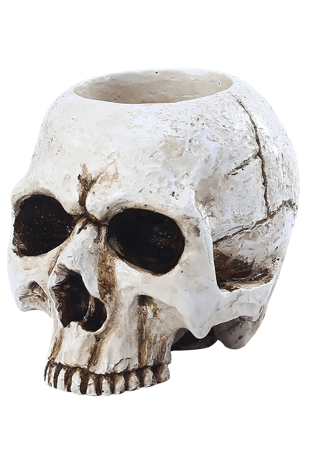 Gothic Skull Tealight Holder for Tabletop Decor, resin skull candle stand for spooky tabletop settings.