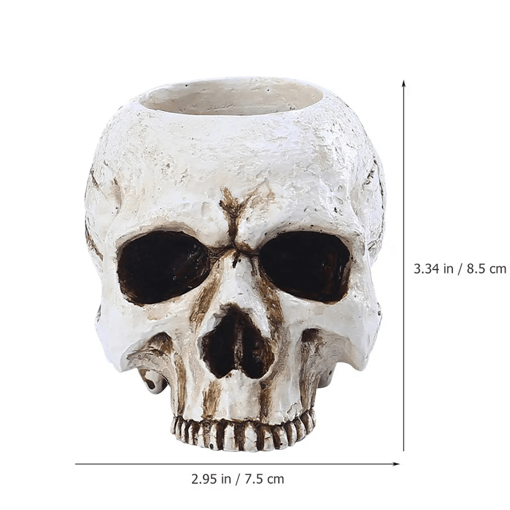 Gothic Skull Tealight Holder for Tabletop Decor showcasing a spooky resin cranium candle stand for eerie mood.