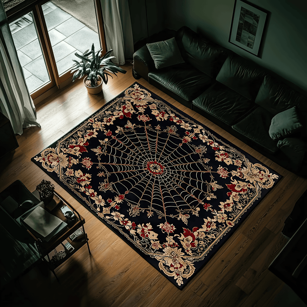 Gothic Spider Web Floral Area Rug for Living Rooms displayed in an elegant dark interior with a cozy sofa.