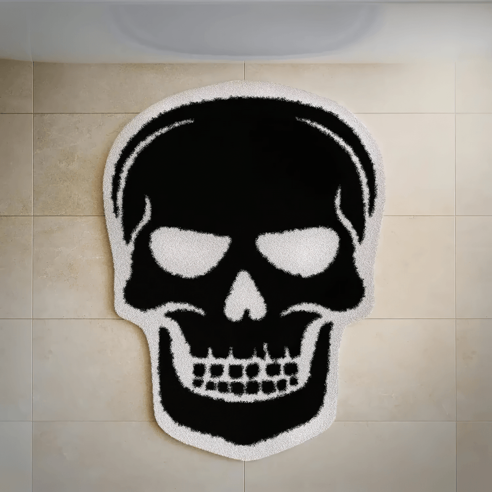 Gothic Spider Web Halloween Rug for Gothic Decor with a spooky skull design in black and white.