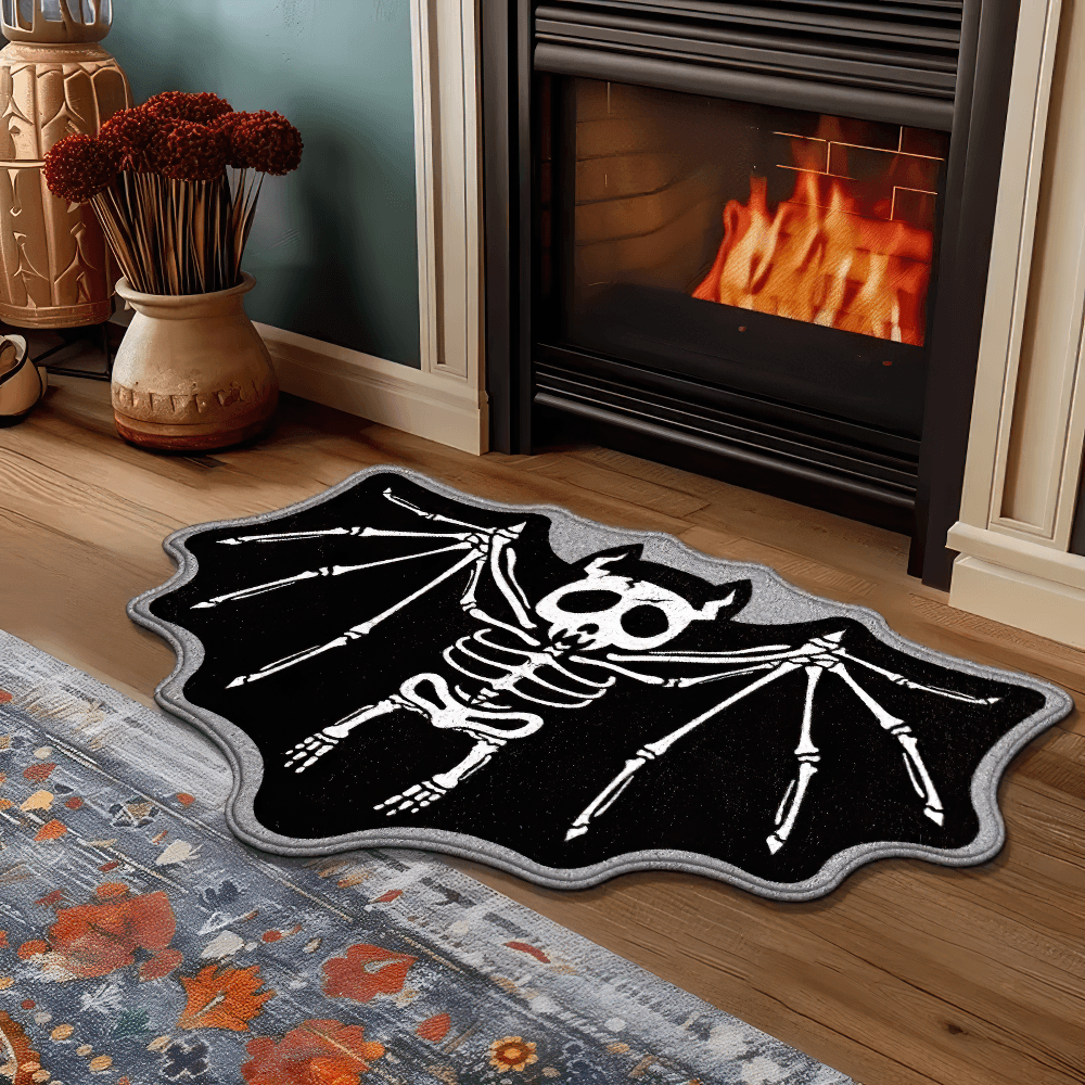 Gothic Spider Web Halloween Rug for Gothic Decor placed in front of a cozy fireplace with a spooky skeleton bat design.