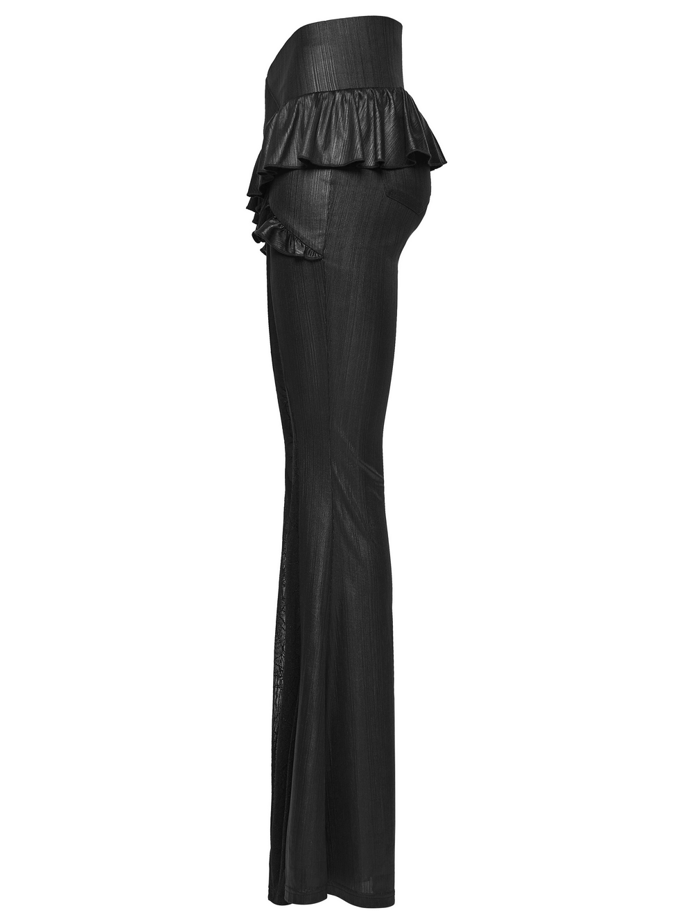 Gothic Spider Web Mesh Flared Pants with Cross Waist stylish side view showing ruffled waist detail and flared legs.
