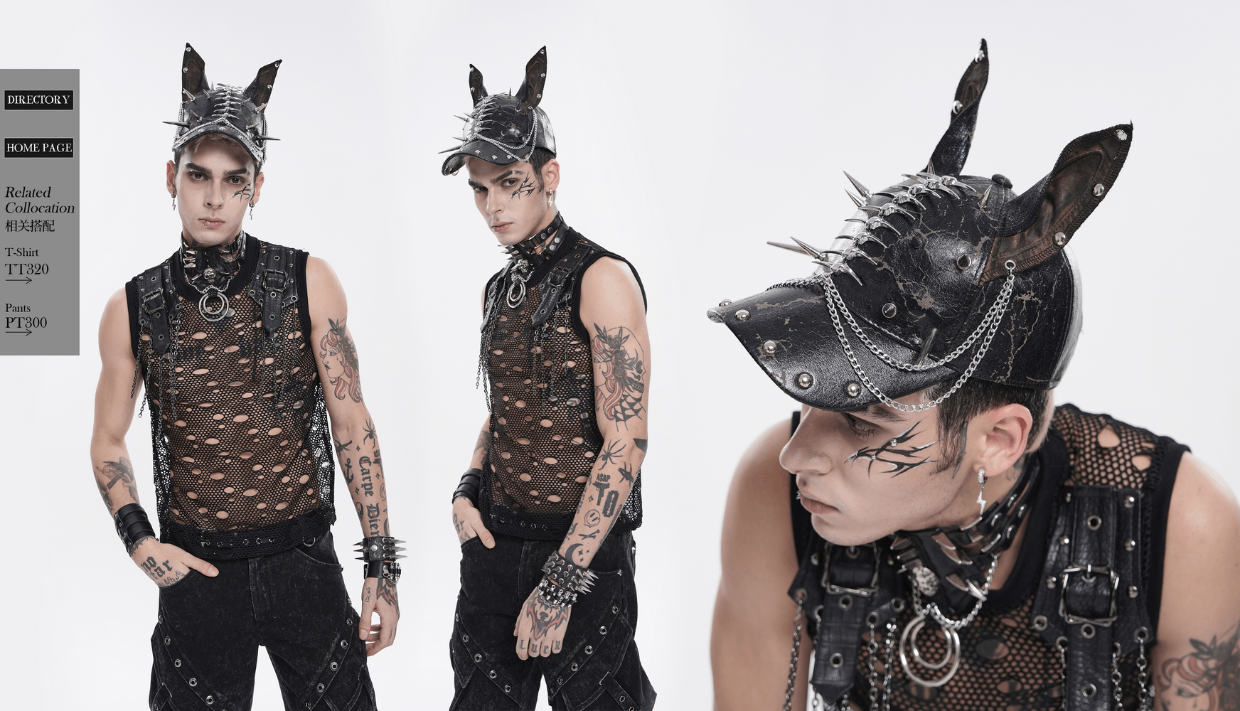 Gothic Spiked Cat Ear Cap With Studded Chains worn by a model showcasing alternative punk style.