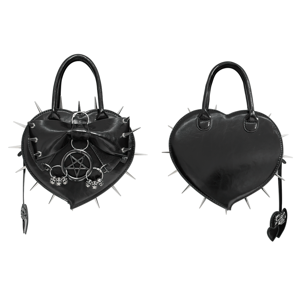 Gothic Spiked Heart Handbag with Pentagram Charm featuring metal spikes, skull charms, and a bow, perfect for a punk look.
