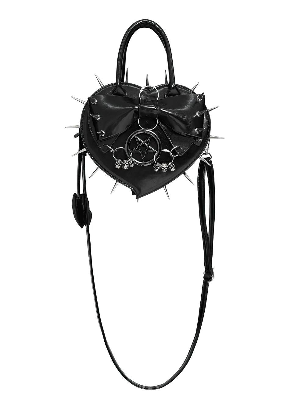 Gothic Spiked Heart Handbag with Pentagram Charm featuring spikes, bow, and skull charms.
