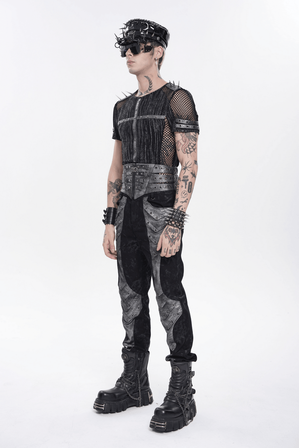 Model showcasing Gothic Studded Corset Belt With Front Zipper Detail paired with edgy punk fashion.