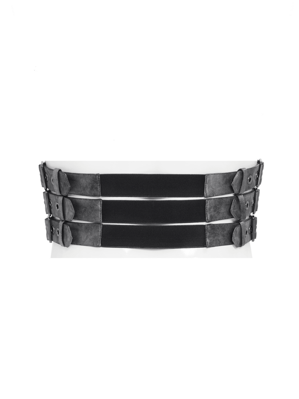 Gothic Studded Corset Belt With Front Zipper Detail featuring layered faux leather panels and adjustable side buckles.