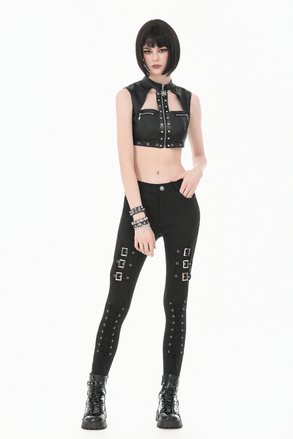 Gothic Studded Faux Leather Crop Top with Zipper worn with punk leggings and accessories, showcasing a bold alternative fashion style.