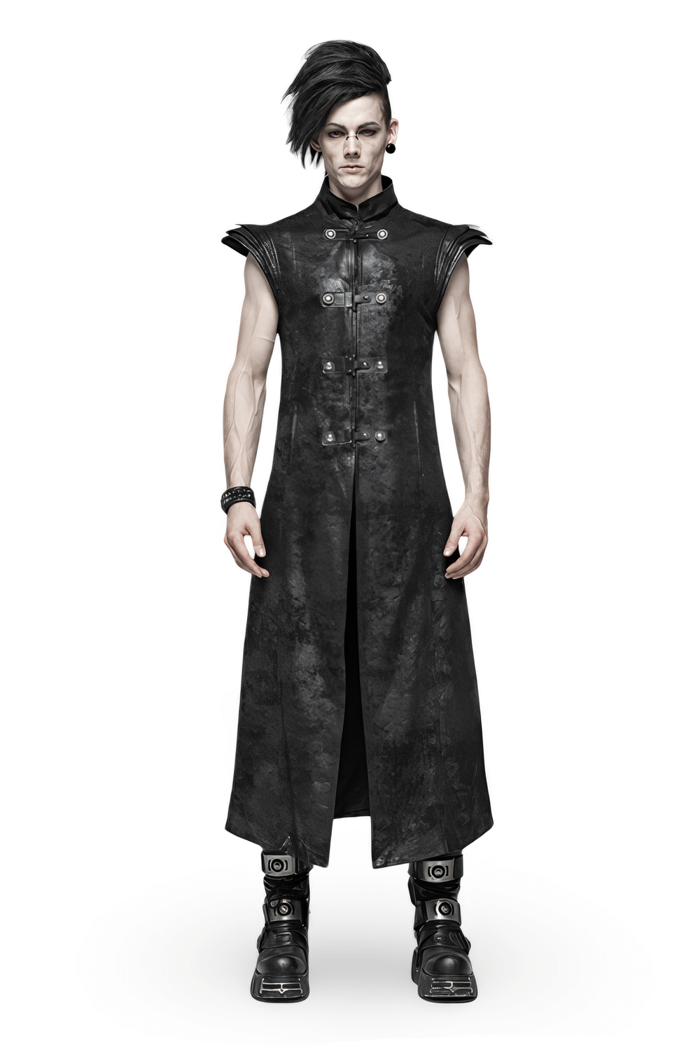 Gothic style black leather buckle long cape for men with unique stacked sleeves and front placket details.