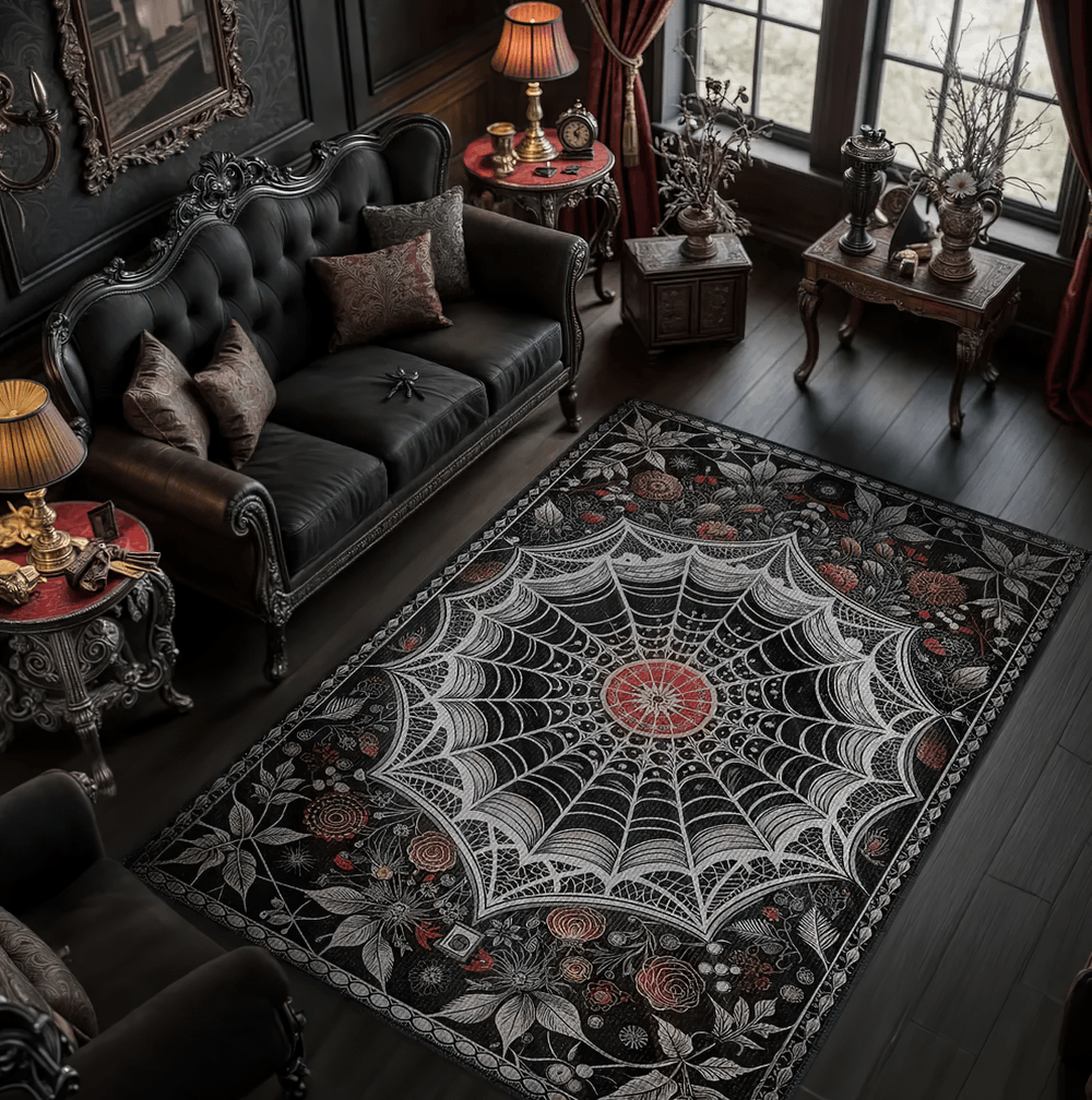 Gothic Stylish Spiderweb Area Rug for Dark Decor on a wooden floor, featuring intricate floral web art and a black base.