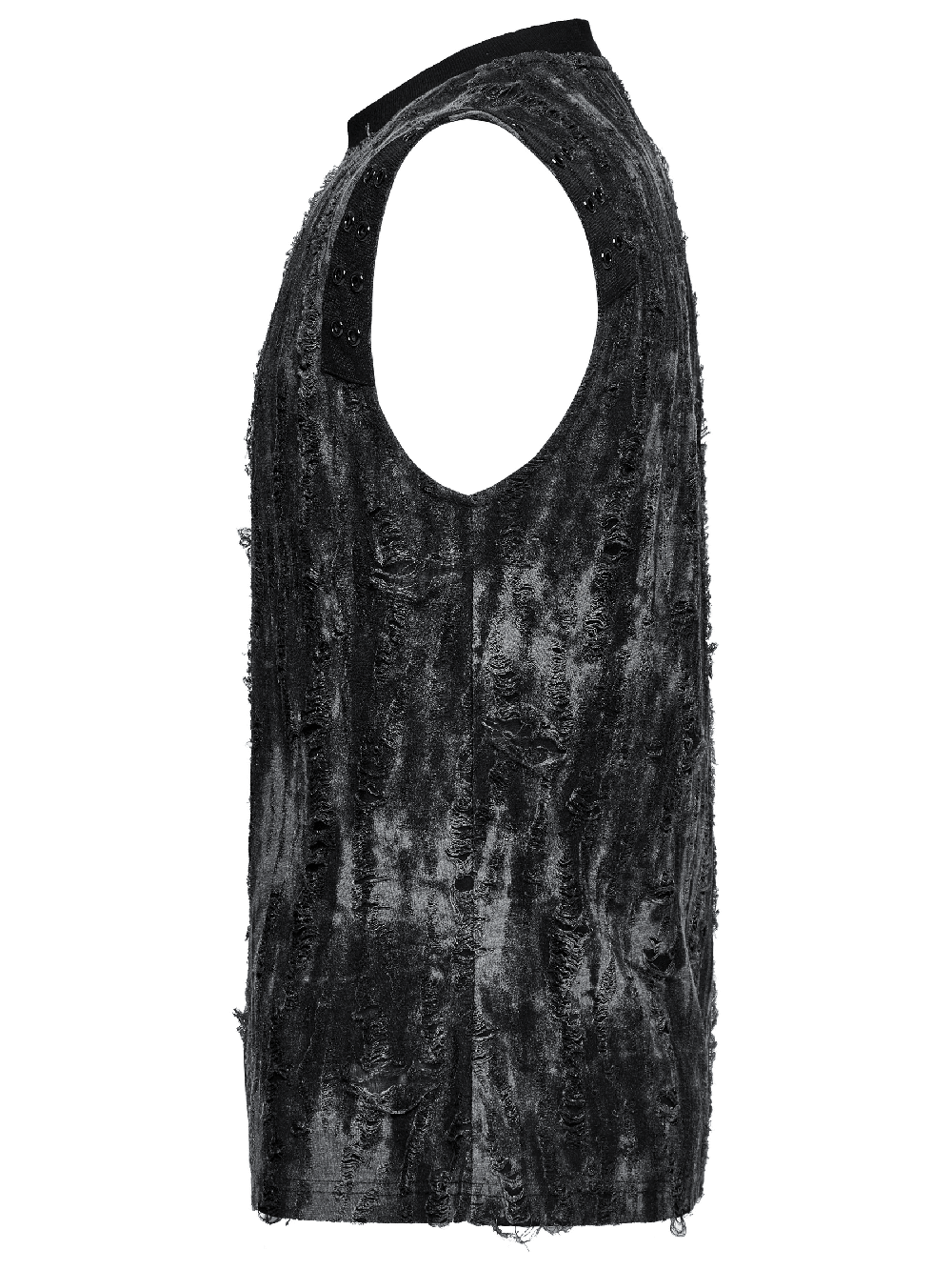 Gothic tattered fabric tank top for men featuring eyelet webbing and edgy frayed detail, perfect for alternative style.