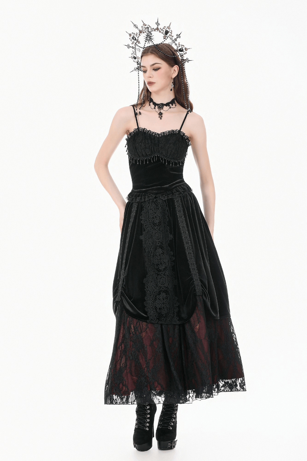Gothic Velvet Maxi Skirt with Lace Overlay Panels displayed on a model with a dramatic gothic style.