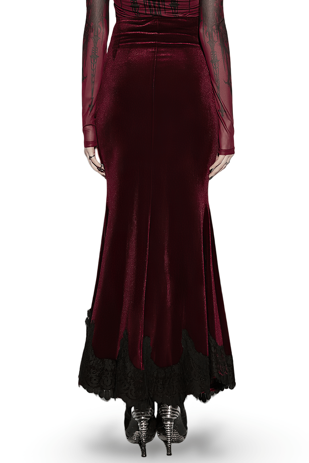 Alt Tag: Gothic Velvet Mermaid Maxi Skirt With Lace Hem in wine-red velvet with black lace hem, fishtail silhouette, back view