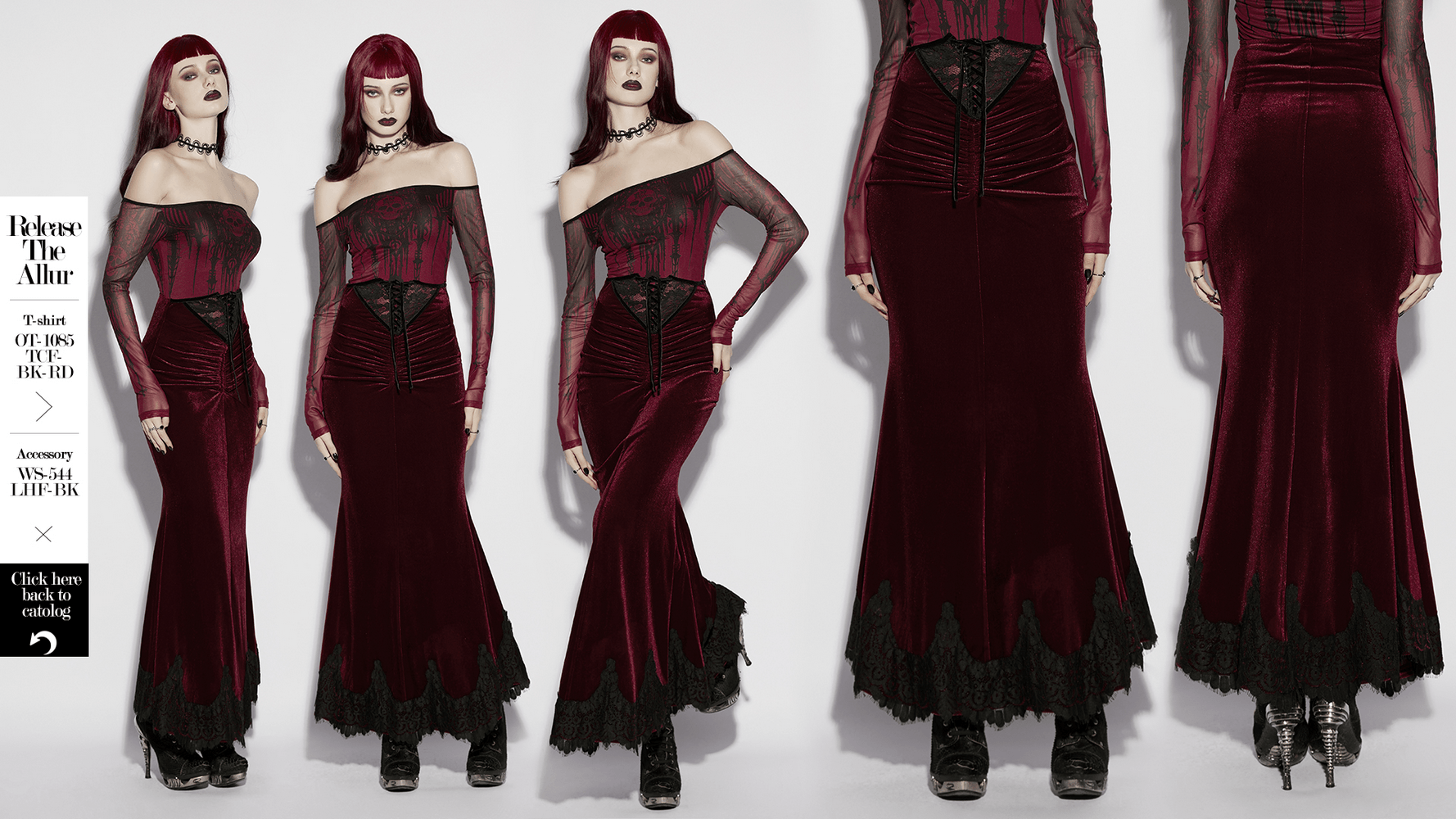 Alt Tag: Gothic Velvet Mermaid Maxi Skirt With Lace Hem wine-red velvet fishtail maxi skirt with black lace hem and lace-up high waist