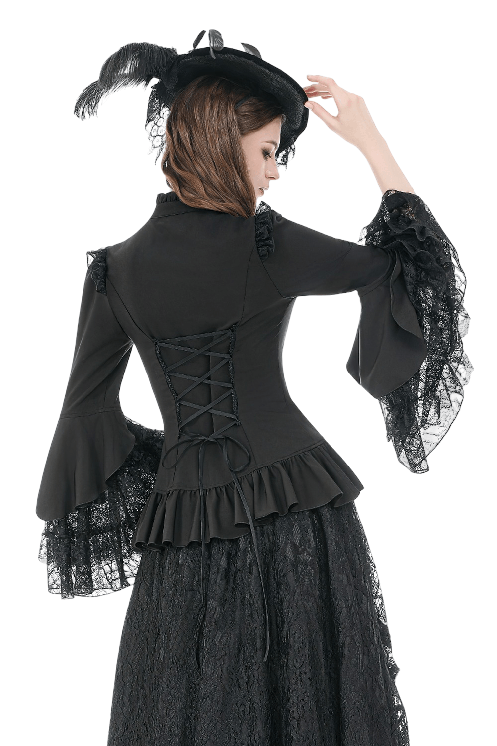 Gothic Victorian Lace Bell Sleeve Blouse for Women featuring a lace-up back and dramatic layered bell sleeves.