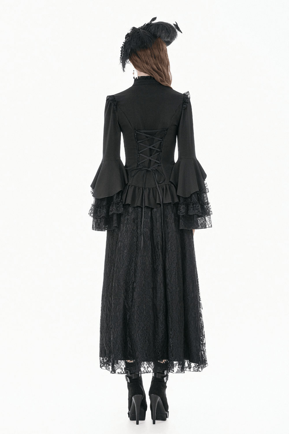 Gothic Victorian Lace Bell Sleeve Blouse for Women showcasing a dramatic lace back and flowing bell sleeves.