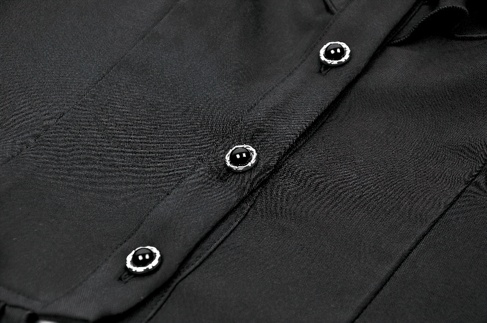 Gothic Victorian Lace Bell Sleeve Blouse for Women close-up showing detailed button design on black fabric.