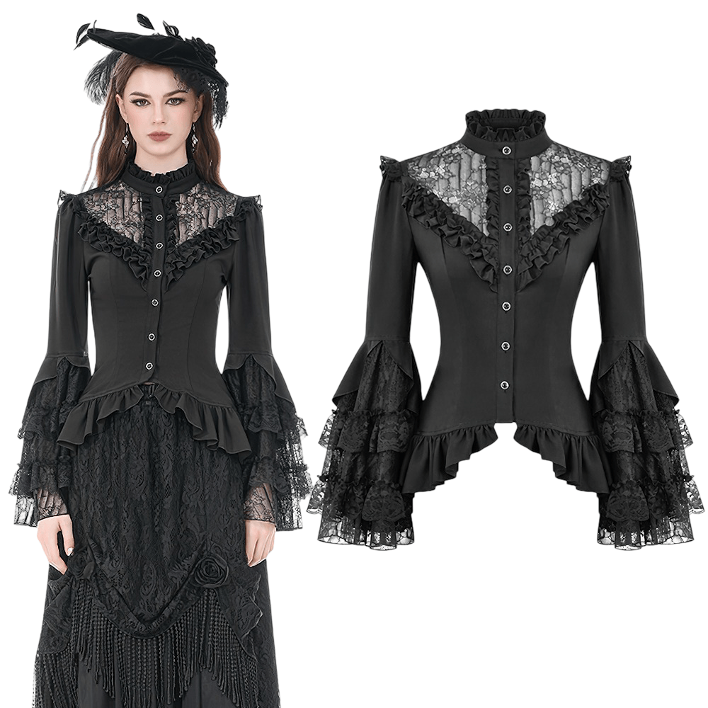 Gothic Victorian Lace Bell Sleeve Blouse for Women with ruffled high collar and dramatic bell sleeves in black.