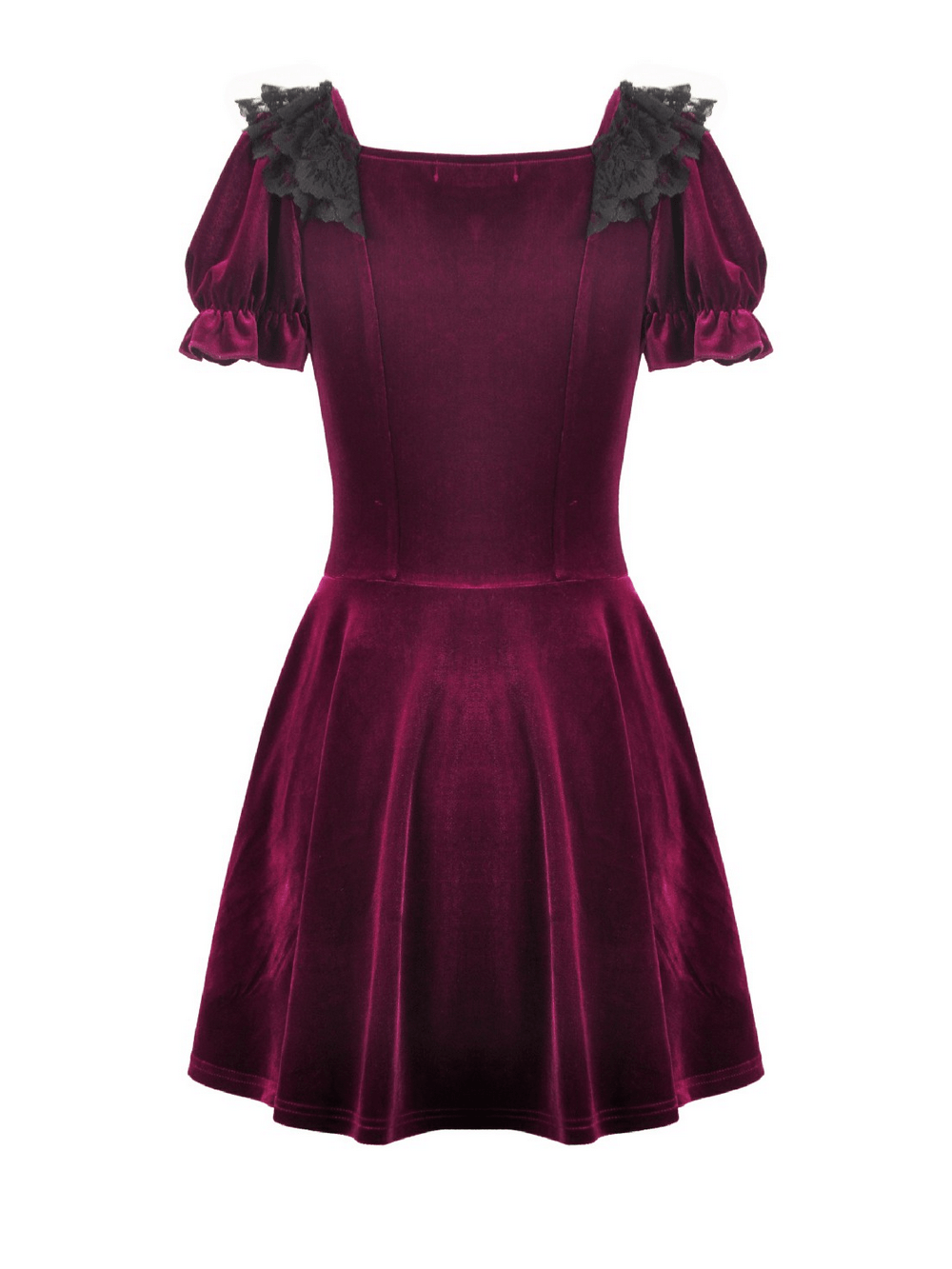 Gothic Women's Mini Dress with Lace Trim and Puff Sleeves in deep burgundy velvet with intricate lace details.
