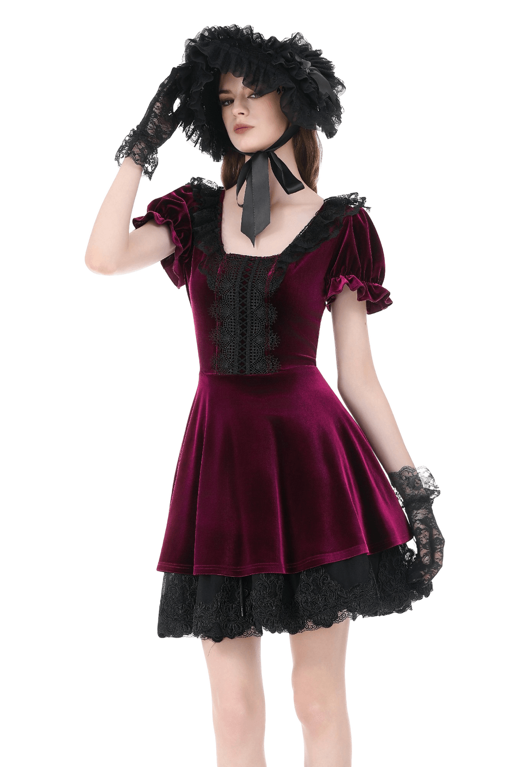 Gothic Women's Mini Dress with Lace Trim and Puff Sleeves, featuring a dark velvet design and intricate lace details.