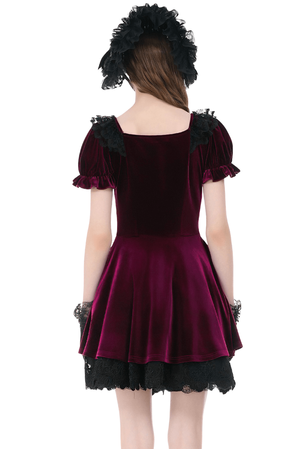 Gothic Women's Mini Dress with Lace Trim and Puff Sleeves, showcasing the back view with velvet fabric and lace details.