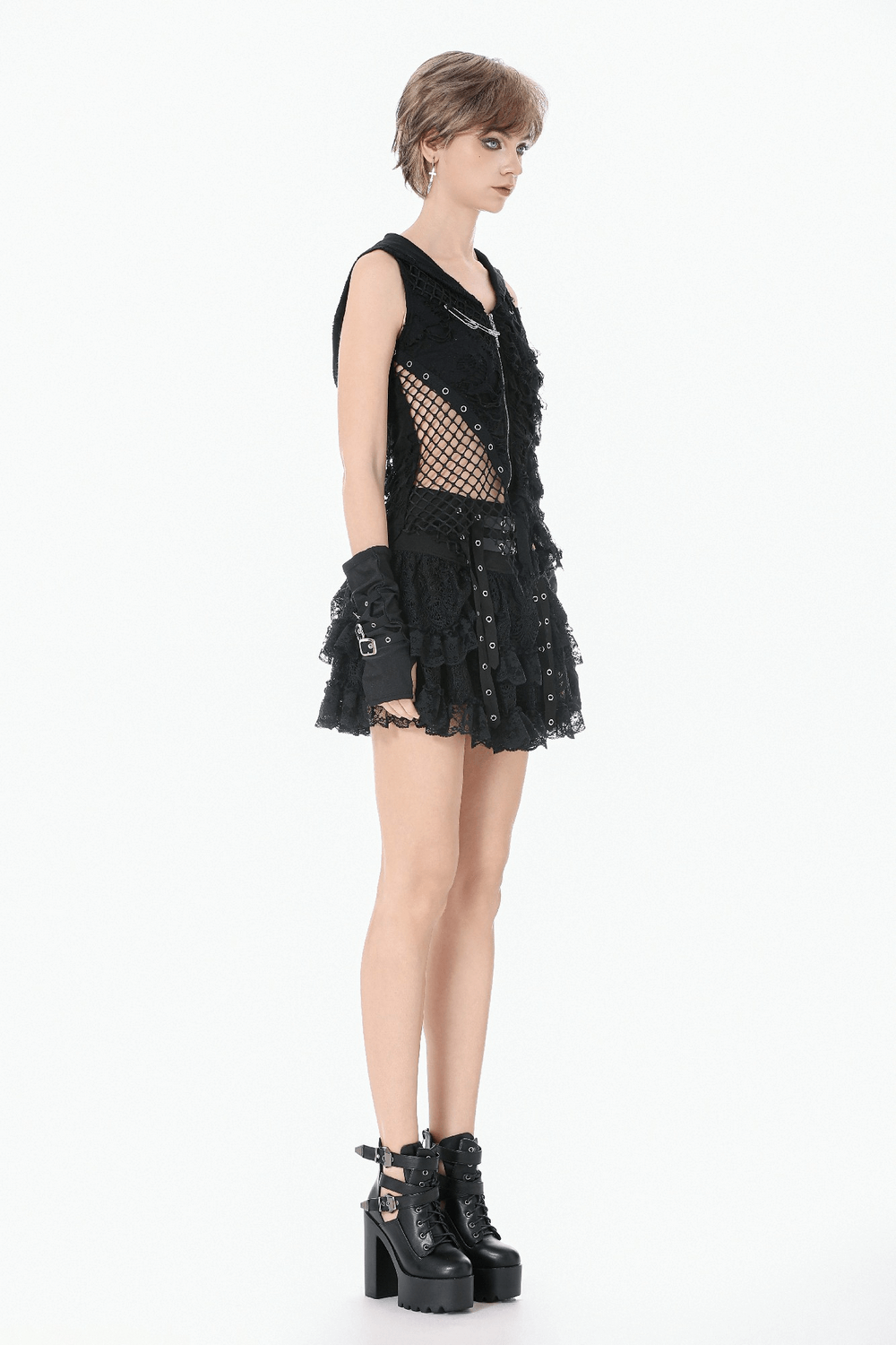 Hooded Lace Top with Fishnet Panels and Front Zipper showcased on a model, featuring edgy design and punk details.